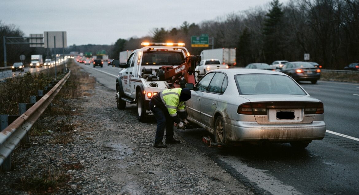 a tow truck hitching up a sedan on the shoulder of a highway at dusk
