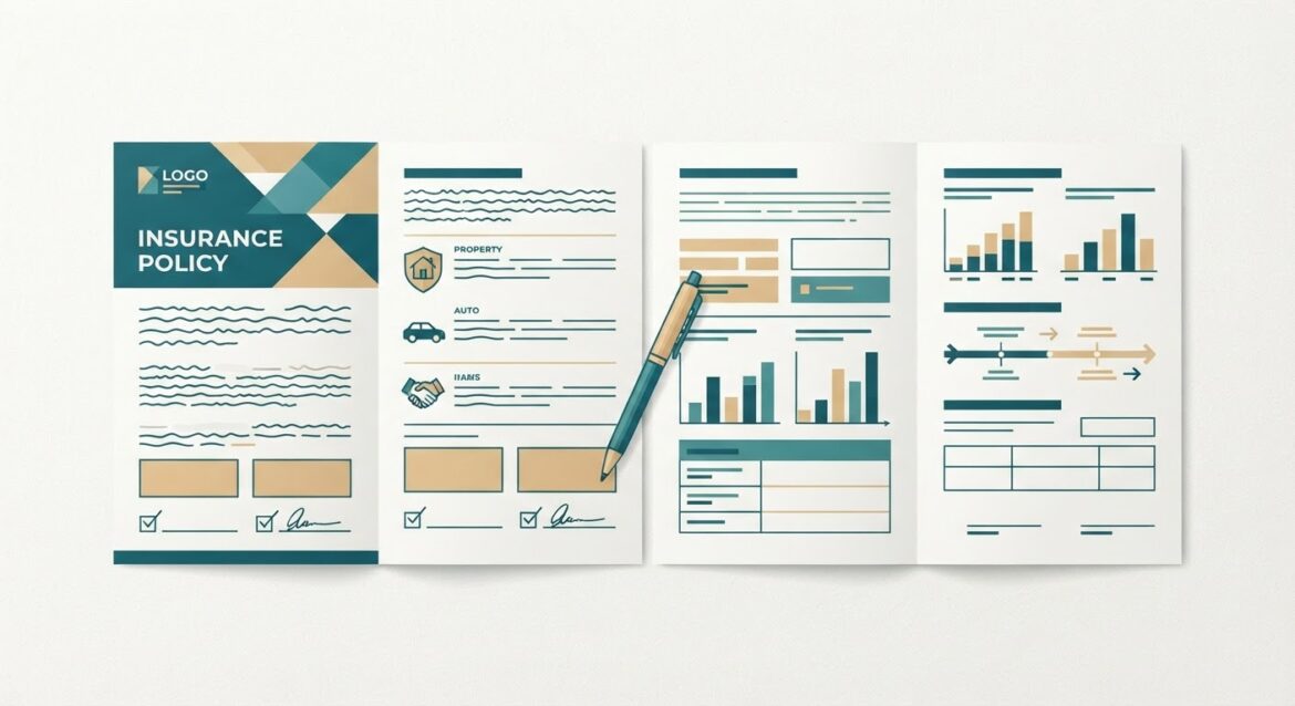 a multi-page insurance policy document spread open on a table with a pen resting on top